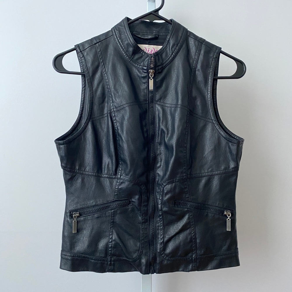 Aviva Rayon Biker Goth Moto Full Zip Pockets Vest M Black